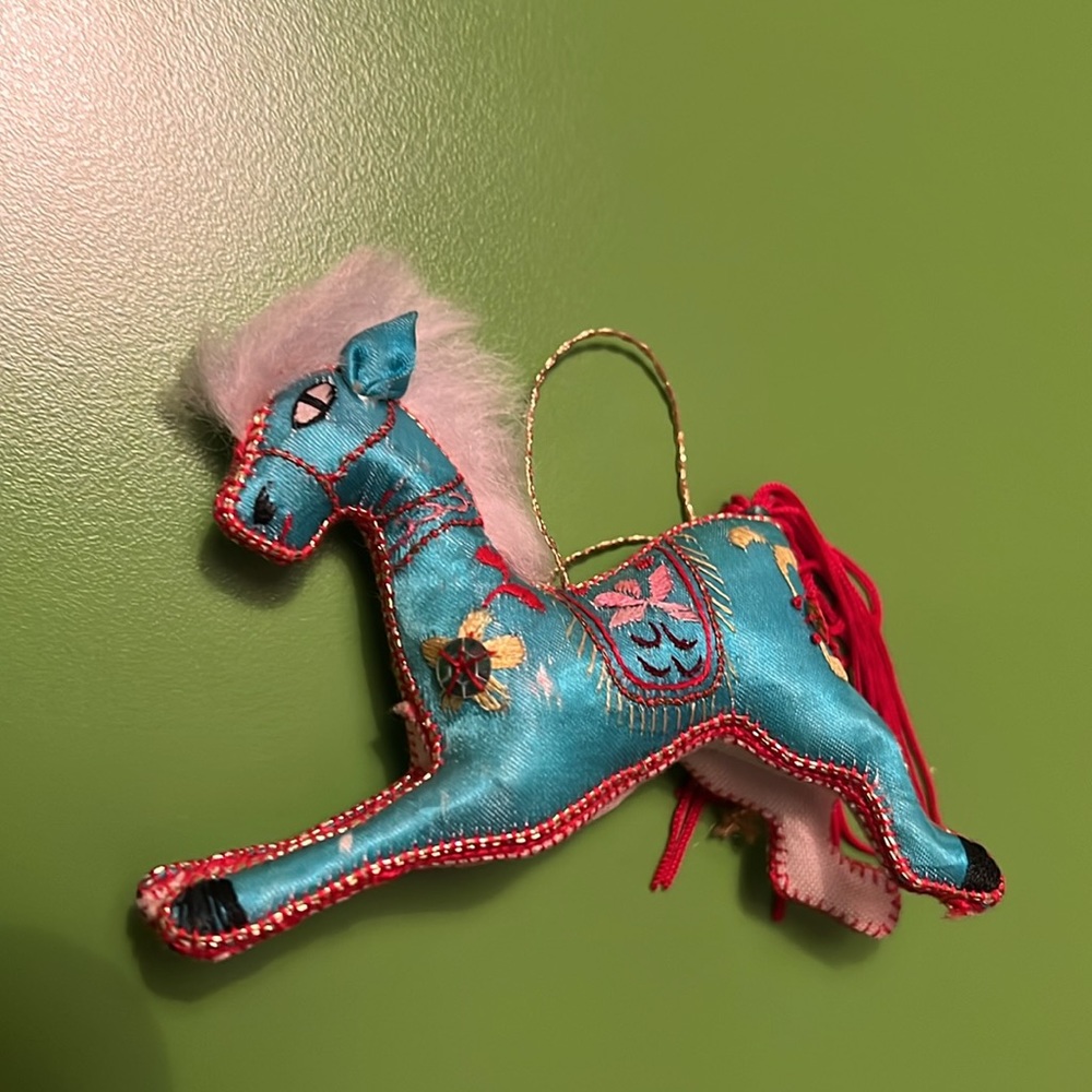 3.75” vintage China silk handmade horse figure 70s 80s ornament embroidery